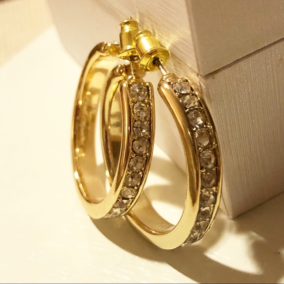 Gold-tone Crystal Hoop Earrings - Picture 1 of 5